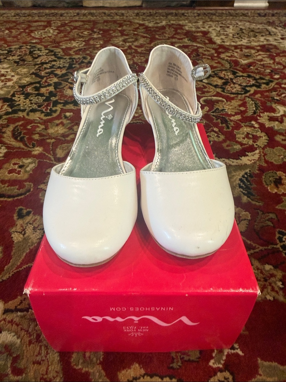 Nina White Girls Dress Shoes with Rhinestone Anklet